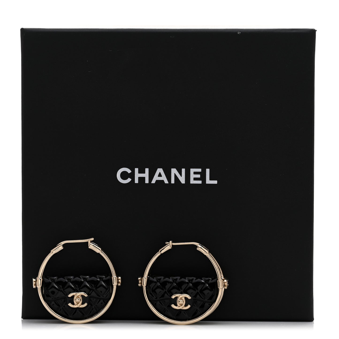 Metal Resin Quilted Flap Bag Hoop Earrings Black Gold