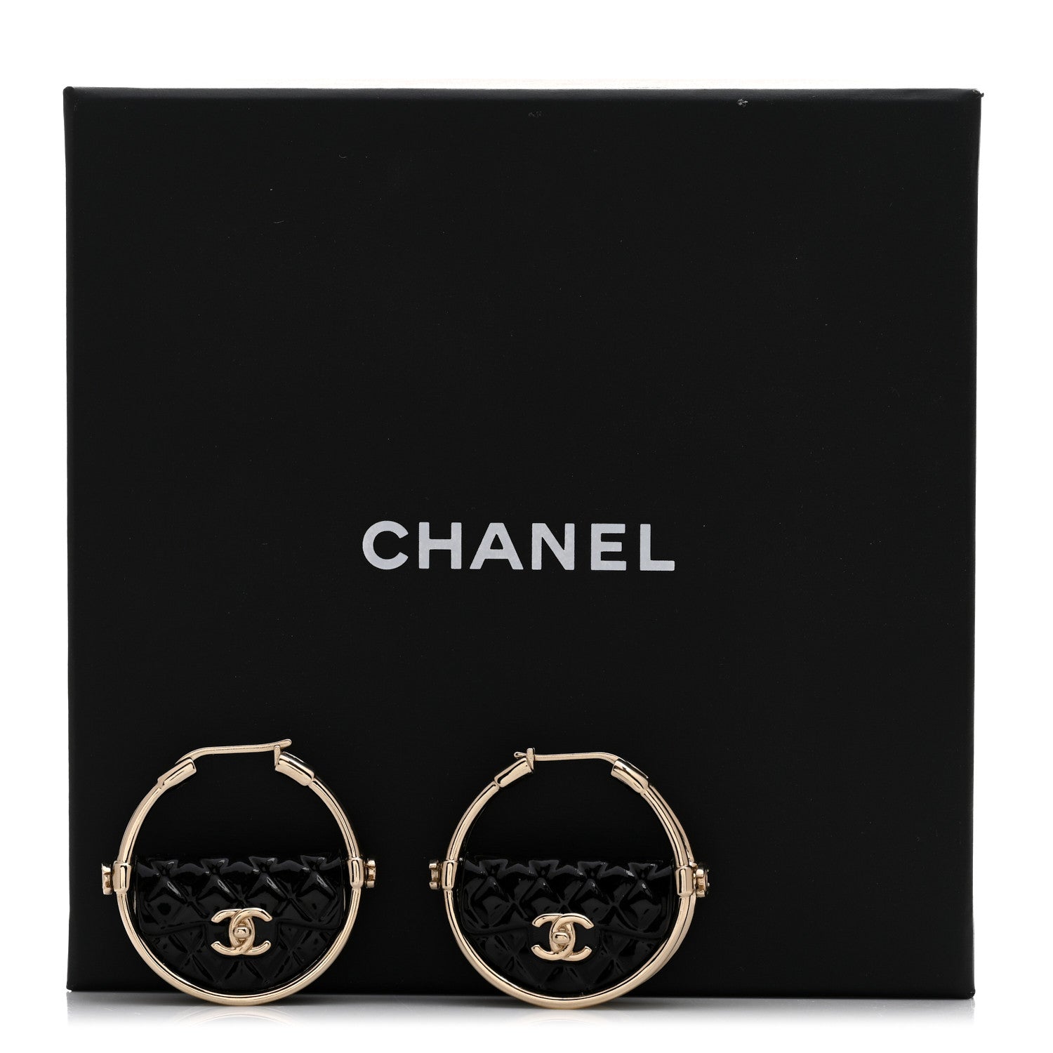 Chanel Metal Resin Quilted Flap Bag Hoop Earrings Black Gold 5 of 5