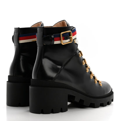 Gucci Calfskin Sylvie Web Womens Lace Up Combat Boots 35.5 Black 4 of 10
