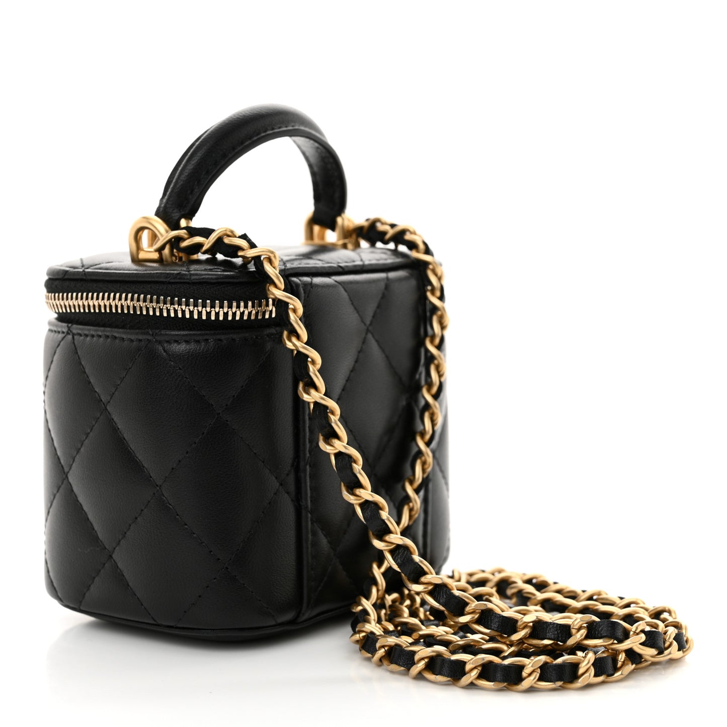 Lambskin Quilted Top Handle Mini Vanity Case With Chain Black