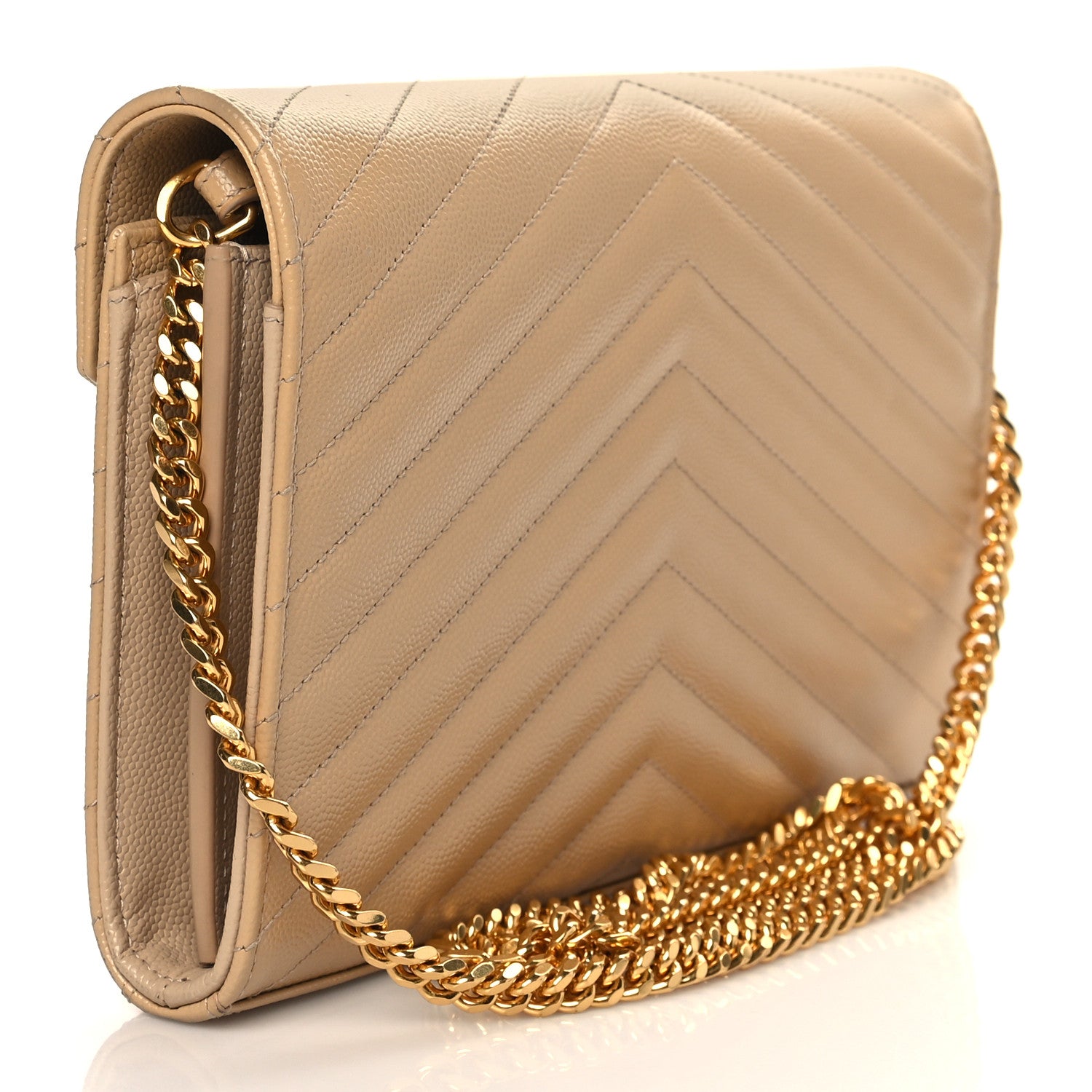 Saint Laurent Grain De Poudre Matelasse Chevron Monogram Chain Wallet Dark Latte 3 of 10