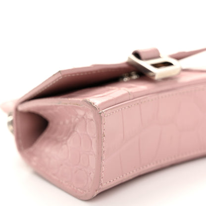 Balenciaga Shiny Calfskin Crocodile Embossed Hourglass Top Handle Bag Mini with Chain Powder Pink 9 of 11
