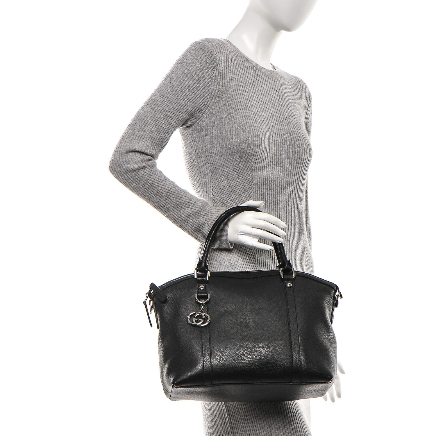 Gucci Pebbled Calfskin Medium GG Charm Dome Satchel Black 3 of 8