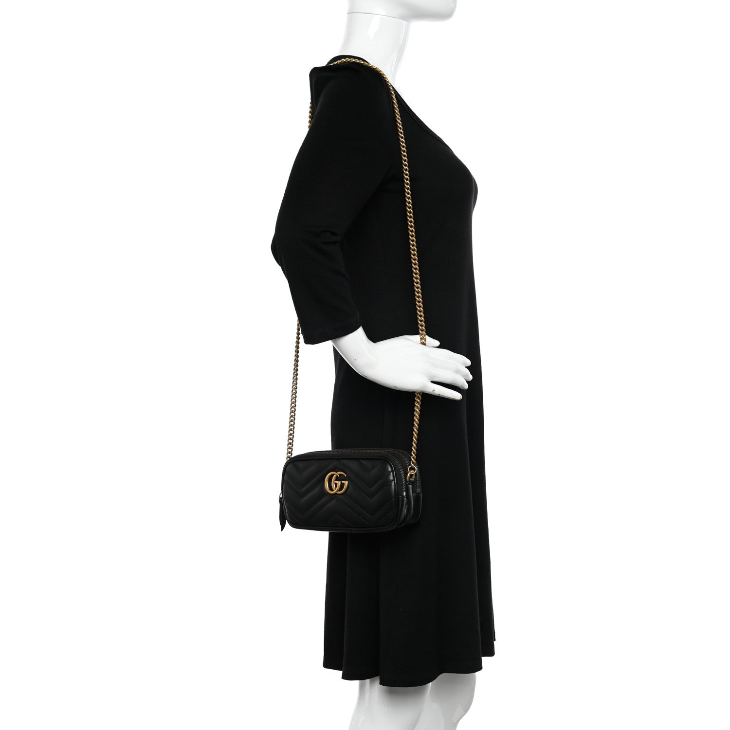 Gucci Calfskin Matelasse Mini GG Marmont Chain Crossbody Bag Black 2 of 10