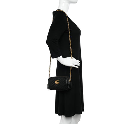 Gucci Calfskin Matelasse Mini GG Marmont Chain Crossbody Bag Black 2 of 10