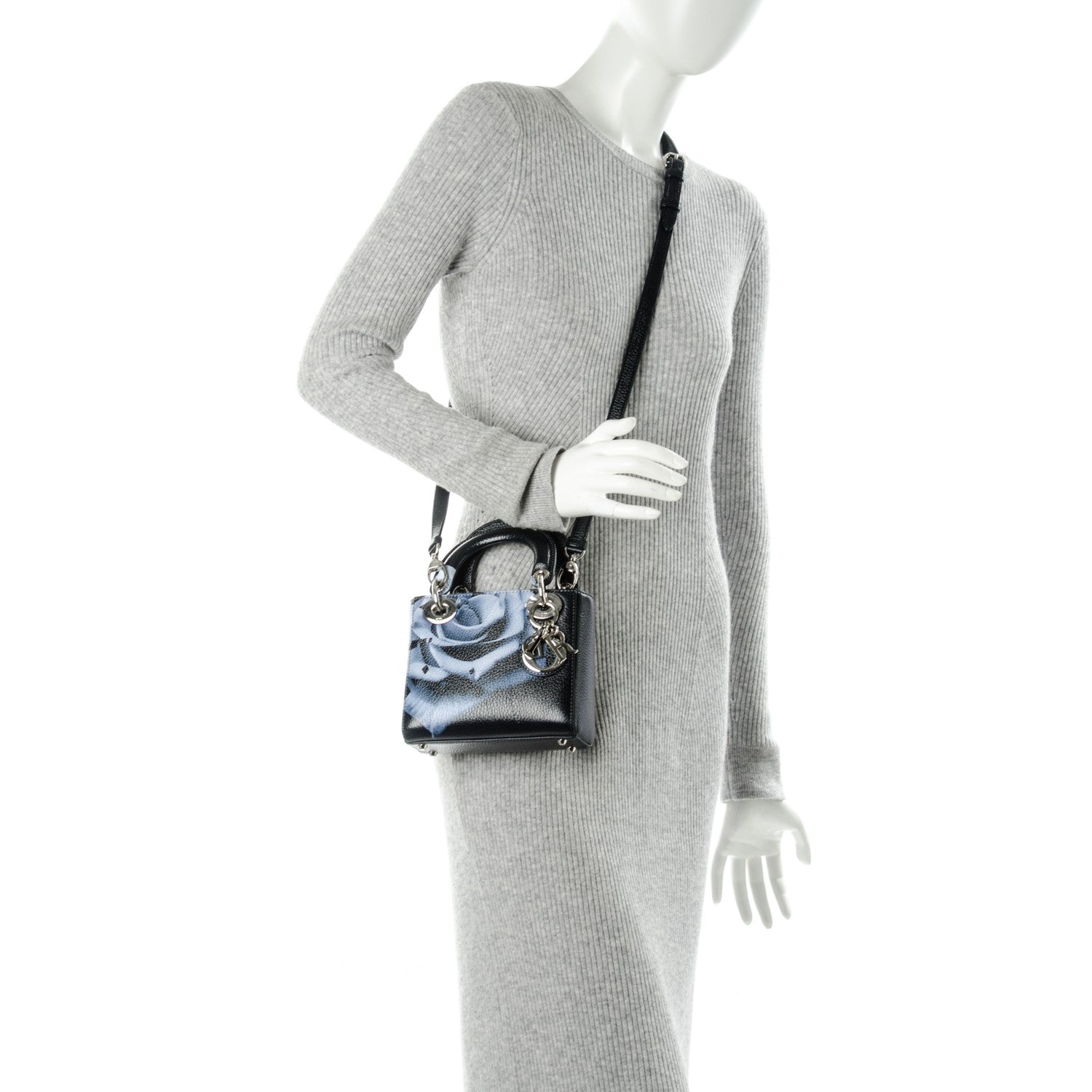 Christian Dior Deerskin Floral Printed Mini Lady Dior Black Blue 2 of 7