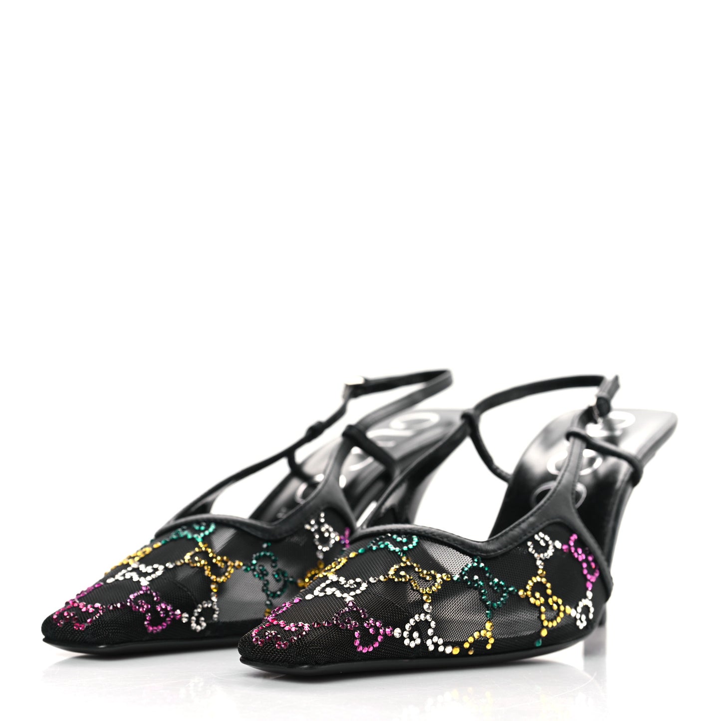 Tela Retino Nappa Charlotte Crystal GG Monogram Square G 75mm Slingback Pumps 38 Black