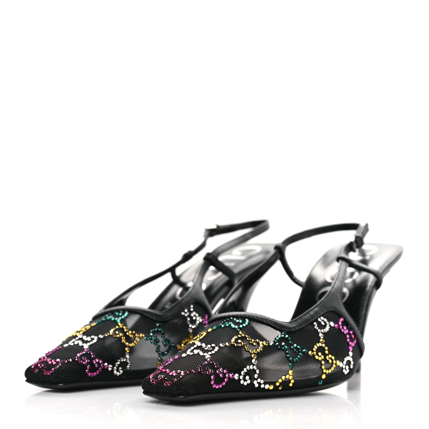 Gucci Tela Retino Nappa Charlotte Crystal GG Monogram Square G 75mm Slingback Pumps 38 Black 3 of 9