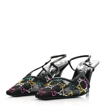 Gucci Tela Retino Nappa Charlotte Crystal GG Monogram Square G 75mm Slingback Pumps 38 Black 3 of 9