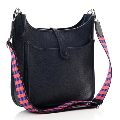 Hermes Taurillon Clemence Quadrille Evelyne III PM Bleu Nuit Bleu Saphir Anemone Capucine 3 of 12
