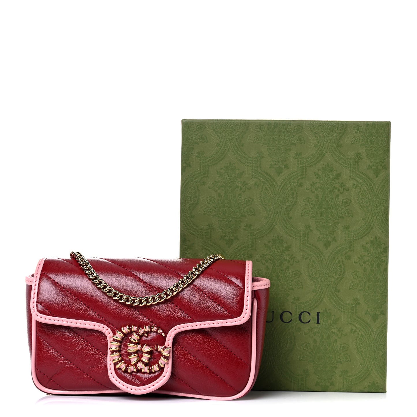 Azalea Calfskin Enamel Matelasse Diagonal Super Mini Torchon GG Marmont Shoulder Bag New Cherry Red Wild Rose