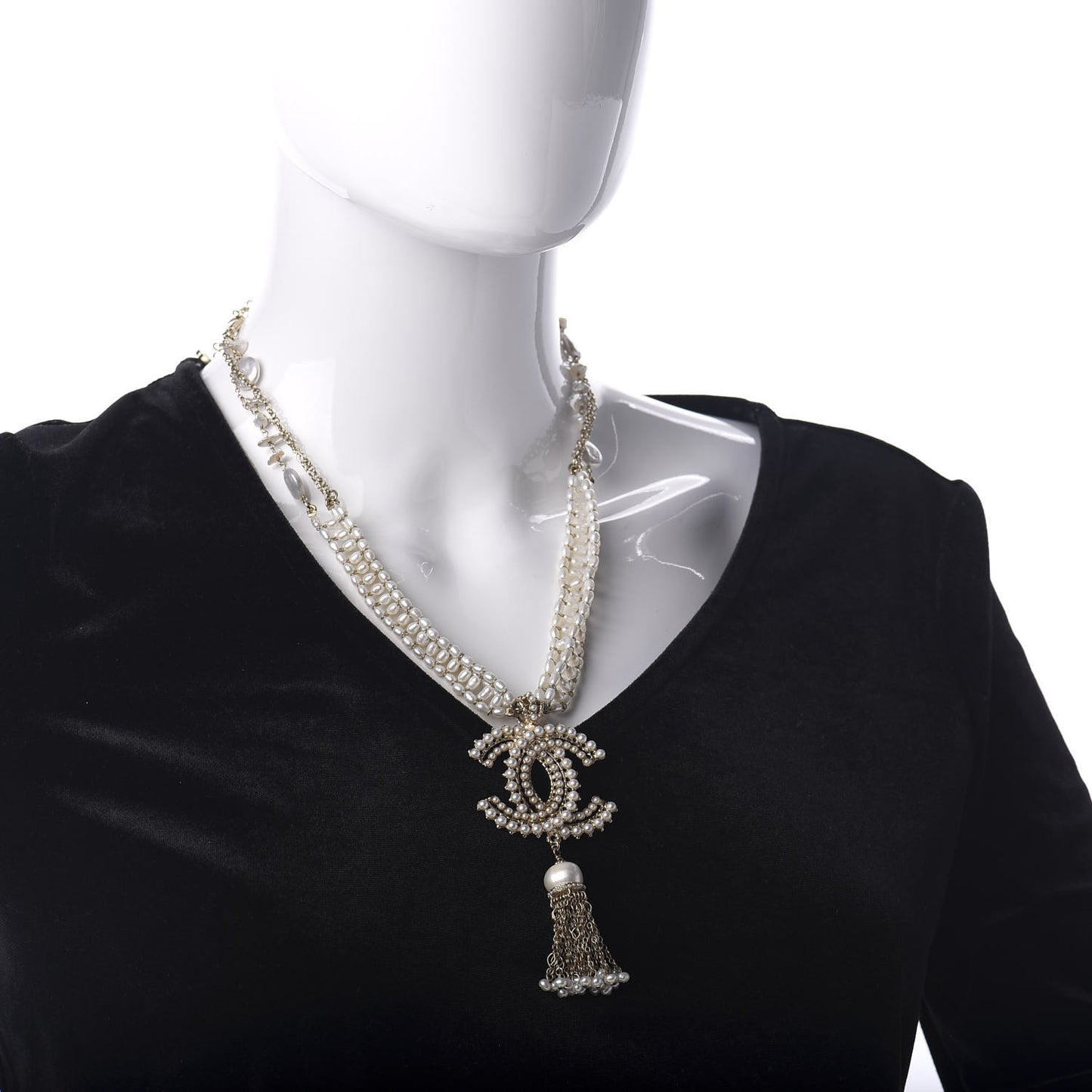 Pearl Crystal CC Long Necklace Gold