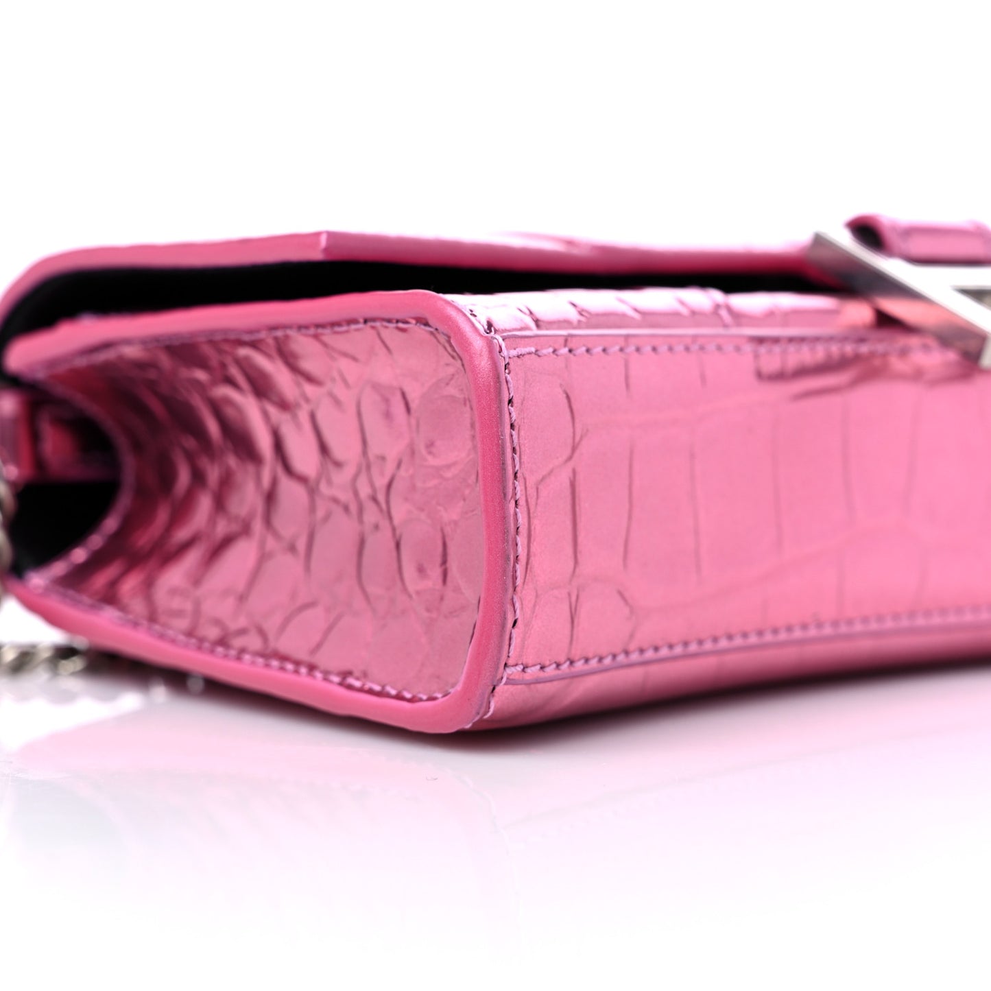 Metallic Shiny Calfskin Crocodile Embossed Hourglass Chain Bag Pink