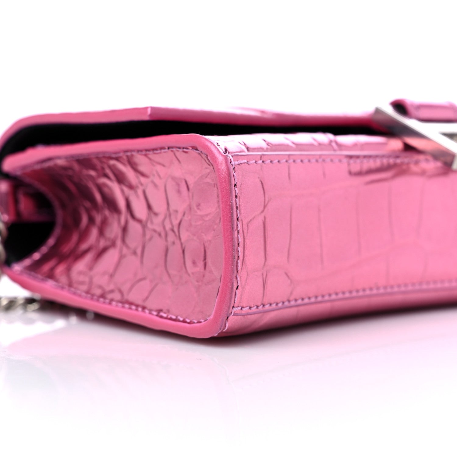 Balenciaga Metallic Shiny Calfskin Crocodile Embossed Hourglass Chain Bag Pink 7 of 10