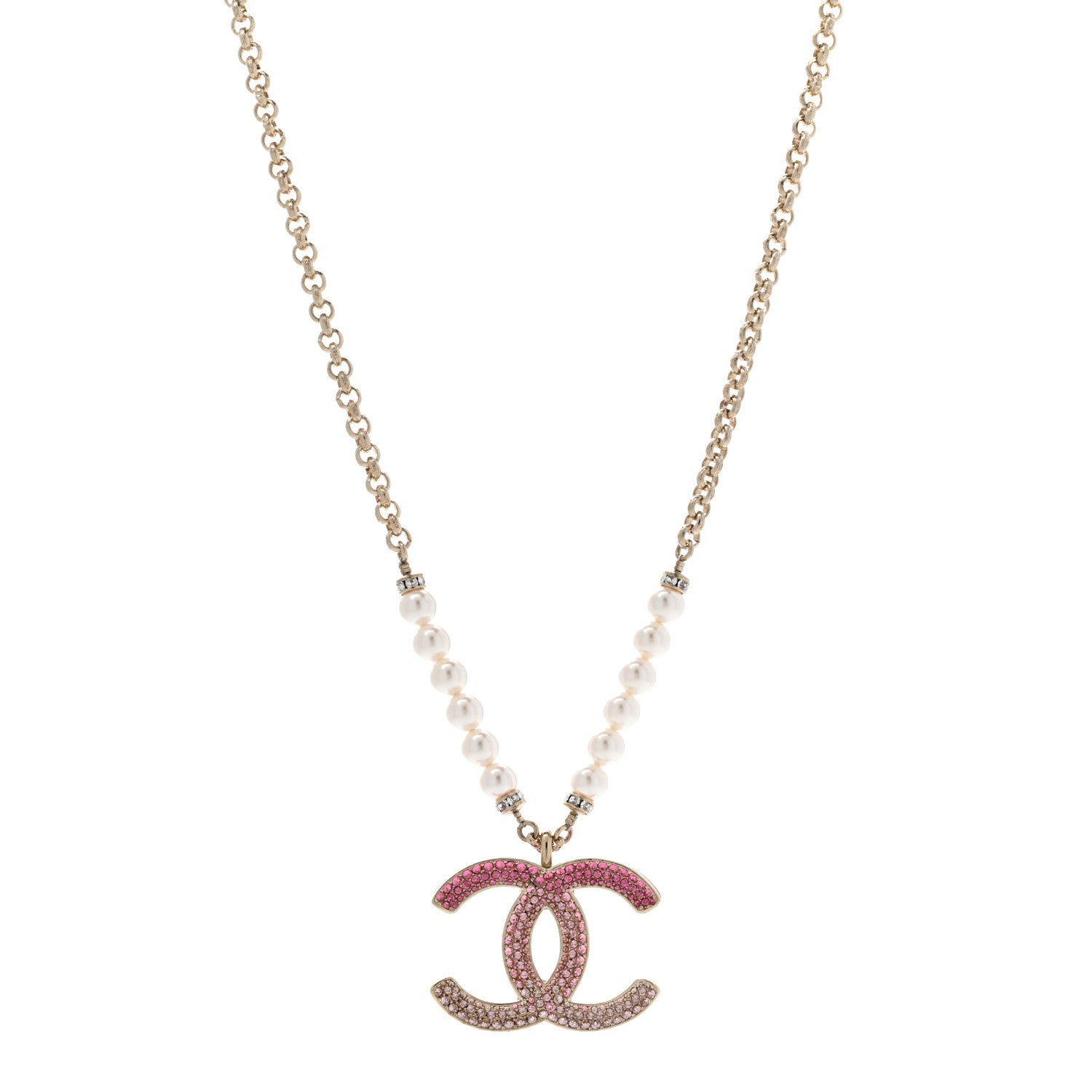 Chanel Pearl Crystal Resin CC Reversible Necklace Pink Gold White 1 of 7