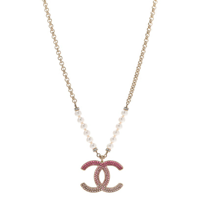 Chanel Pearl Crystal Resin CC Reversible Necklace Pink Gold White 1 of 7
