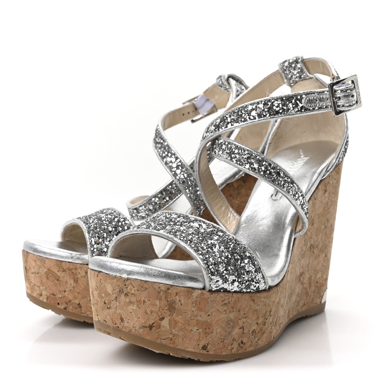 Jimmy Choo Coarse Glitter Cork Portia 120 Wedge Sandals 36.5 Silver 4 of 8