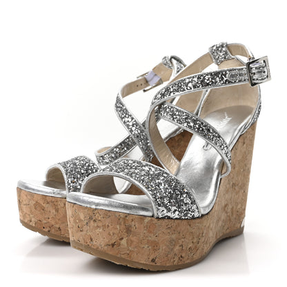 Jimmy Choo Coarse Glitter Cork Portia 120 Wedge Sandals 36.5 Silver 4 of 8