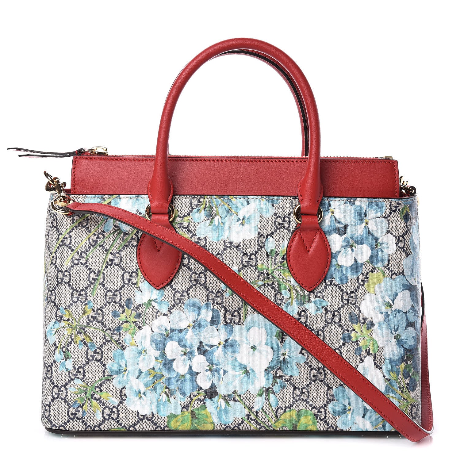 Gucci GG Supreme Monogram Blooms Medium Zip Top Tote Beige Blue Navy Hibiscus Red 1 of 9
