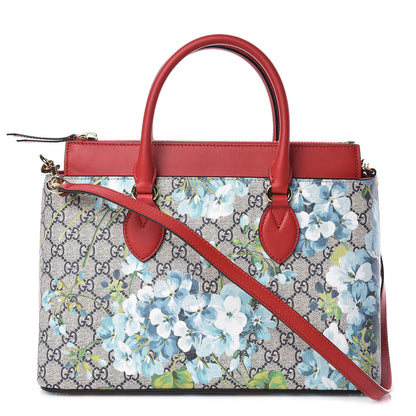 Gucci GG Supreme Monogram Blooms Medium Zip Top Tote Beige Blue Navy Hibiscus Red 1 of 9
