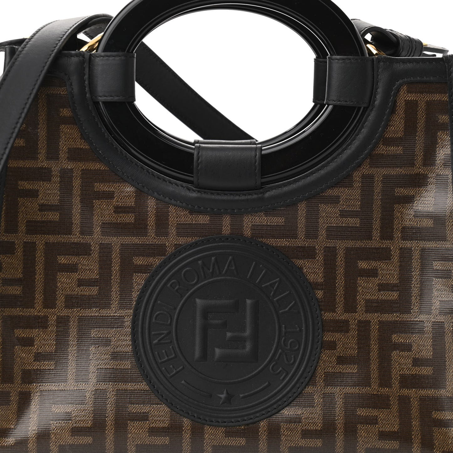 Glazed Fabric Vitello Century Plexiglass FF 1974 Stamp Patch Small Runaway Shopper Tote Mogano Panna Black