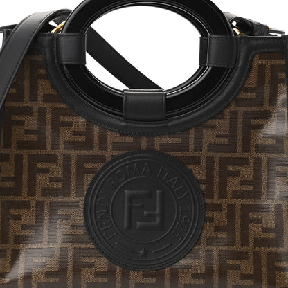 Fendi Glazed Fabric Vitello Century Plexiglass FF 1974 Stamp Patch Small Runaway Shopper Tote Mogano Panna Black 8 of 10