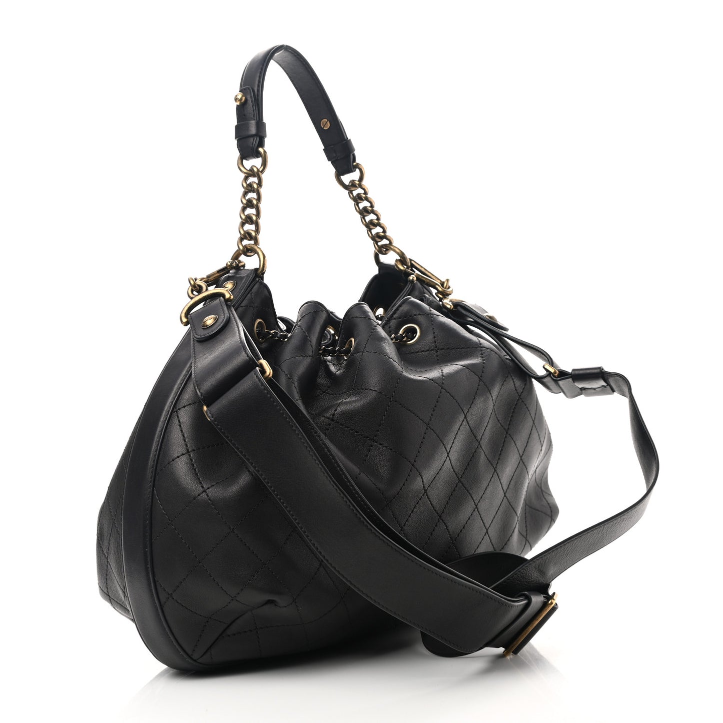 Calfskin Stitched Small Paris Rome Drawstring CC Bag Black
