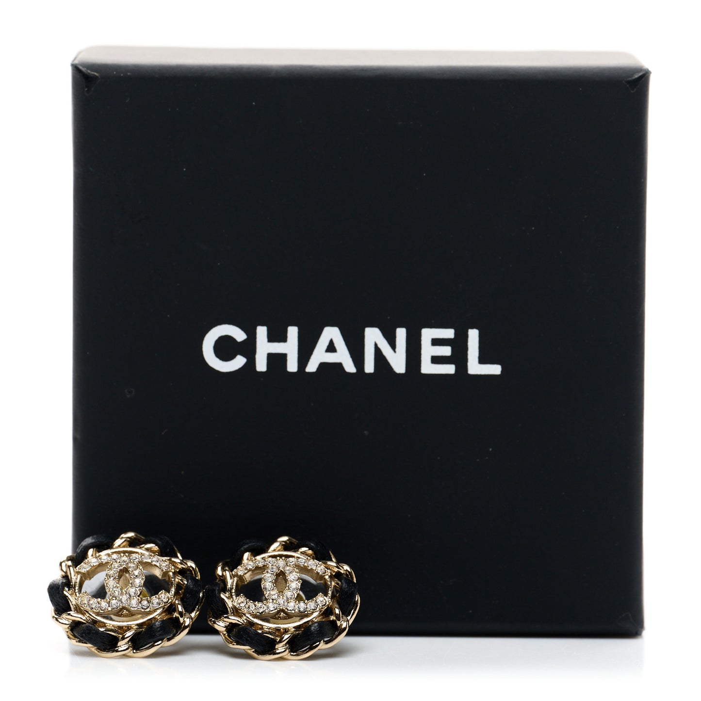 Crystal Lambskin Chain CC Stud Earrings Black Gold