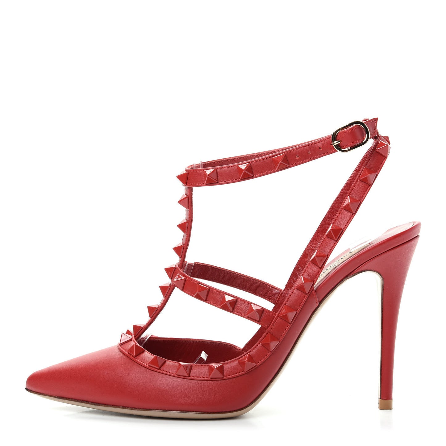 Calfskin Lacquered Monochrome Rockstud Ankle Strap 100mm Pumps 38.5 Rosso Valentino