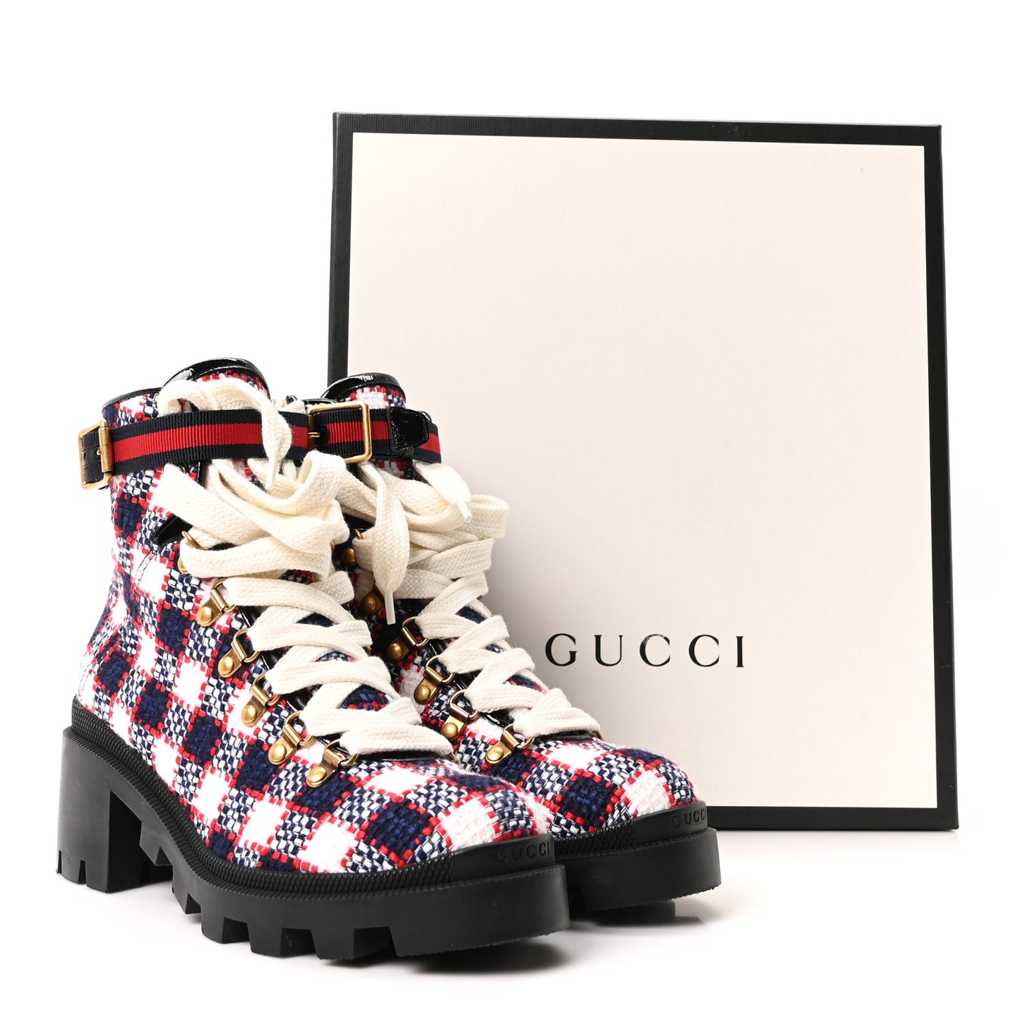 Vintage Tweed Check Lace Up Combat Ankle Boots 39 White Hibiscus Red Marine