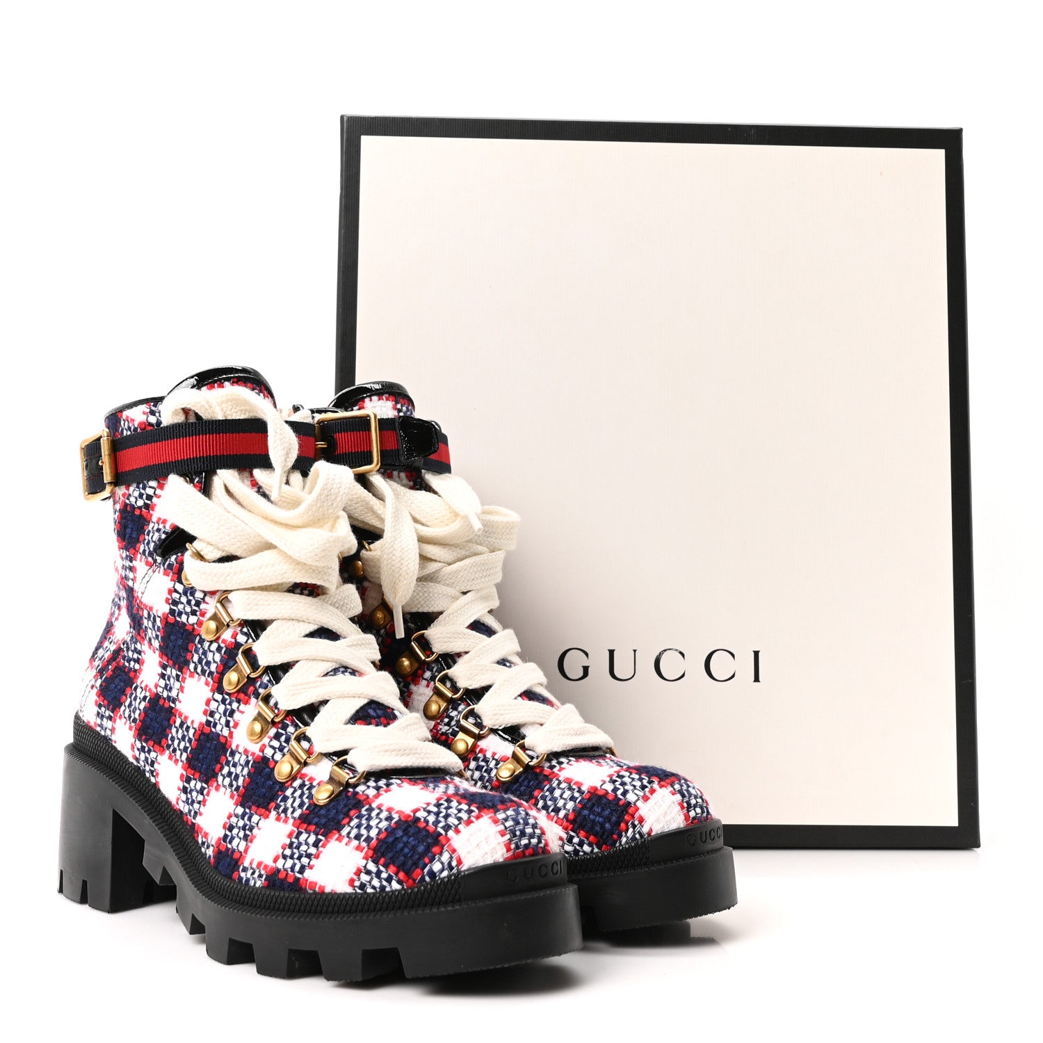 Gucci Vintage Tweed Check Lace Up Combat Ankle Boots 39 White Hibiscus Red Marine 10 of 10