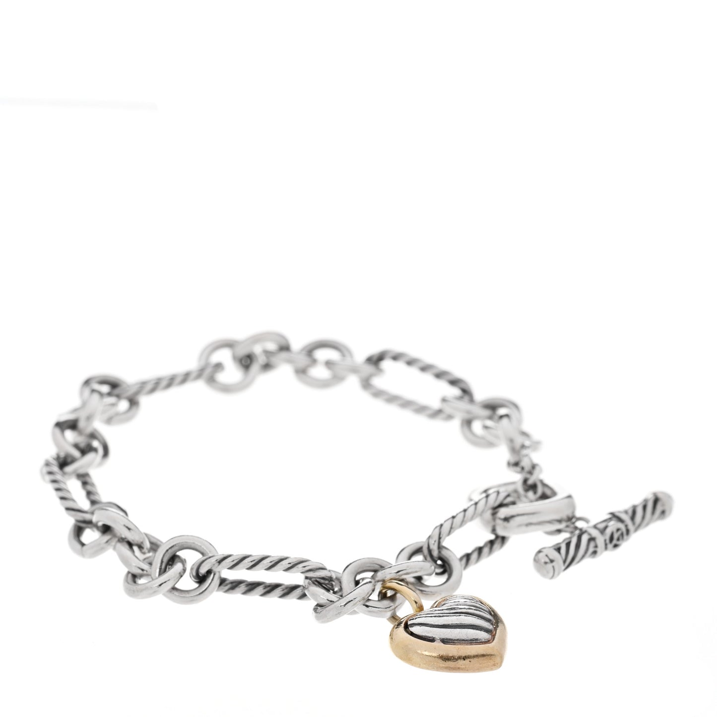 Sterling Silver 18K Yellow Gold Cable Heart Charm Bracelet