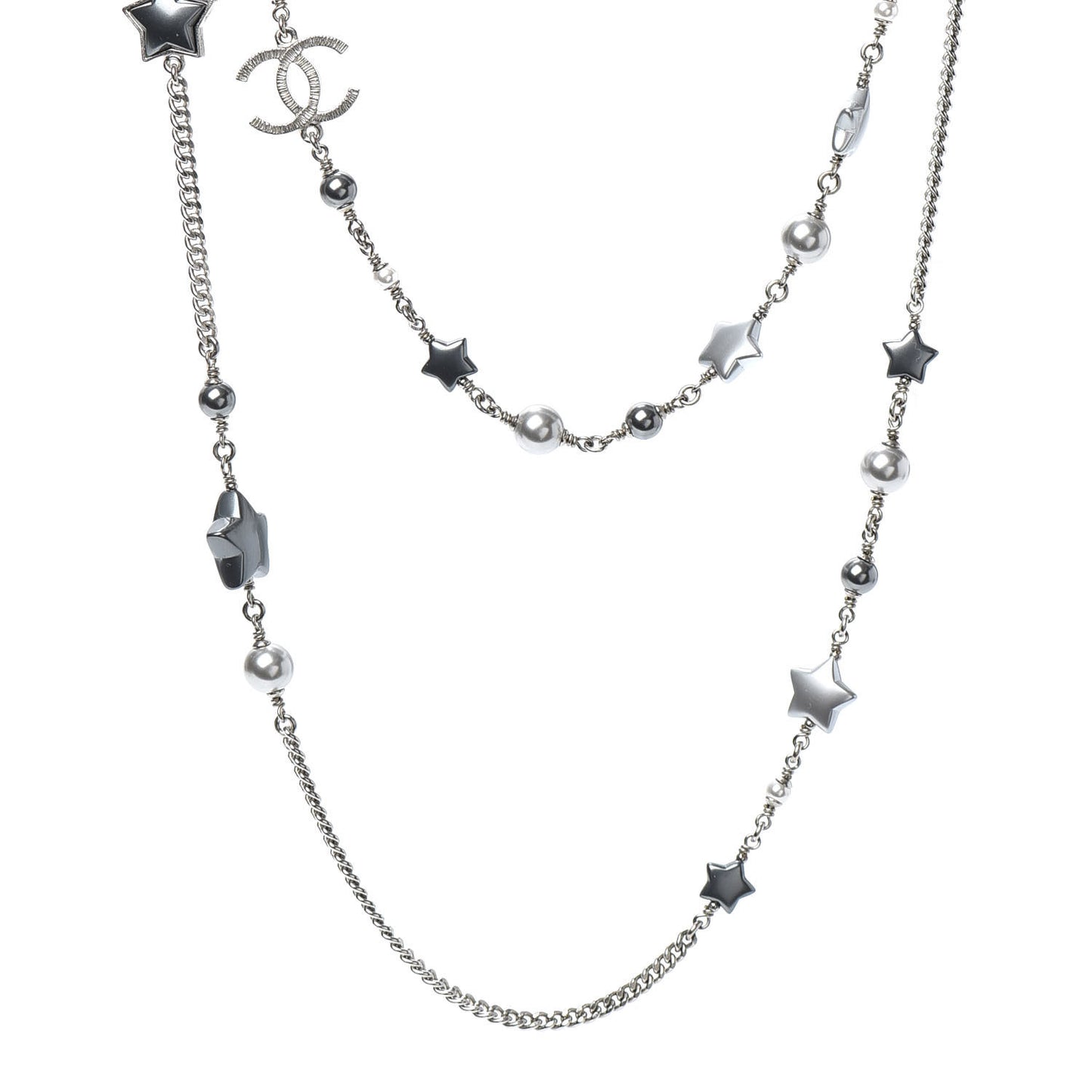 Resin Pearl Star CC Necklace Grey Silver