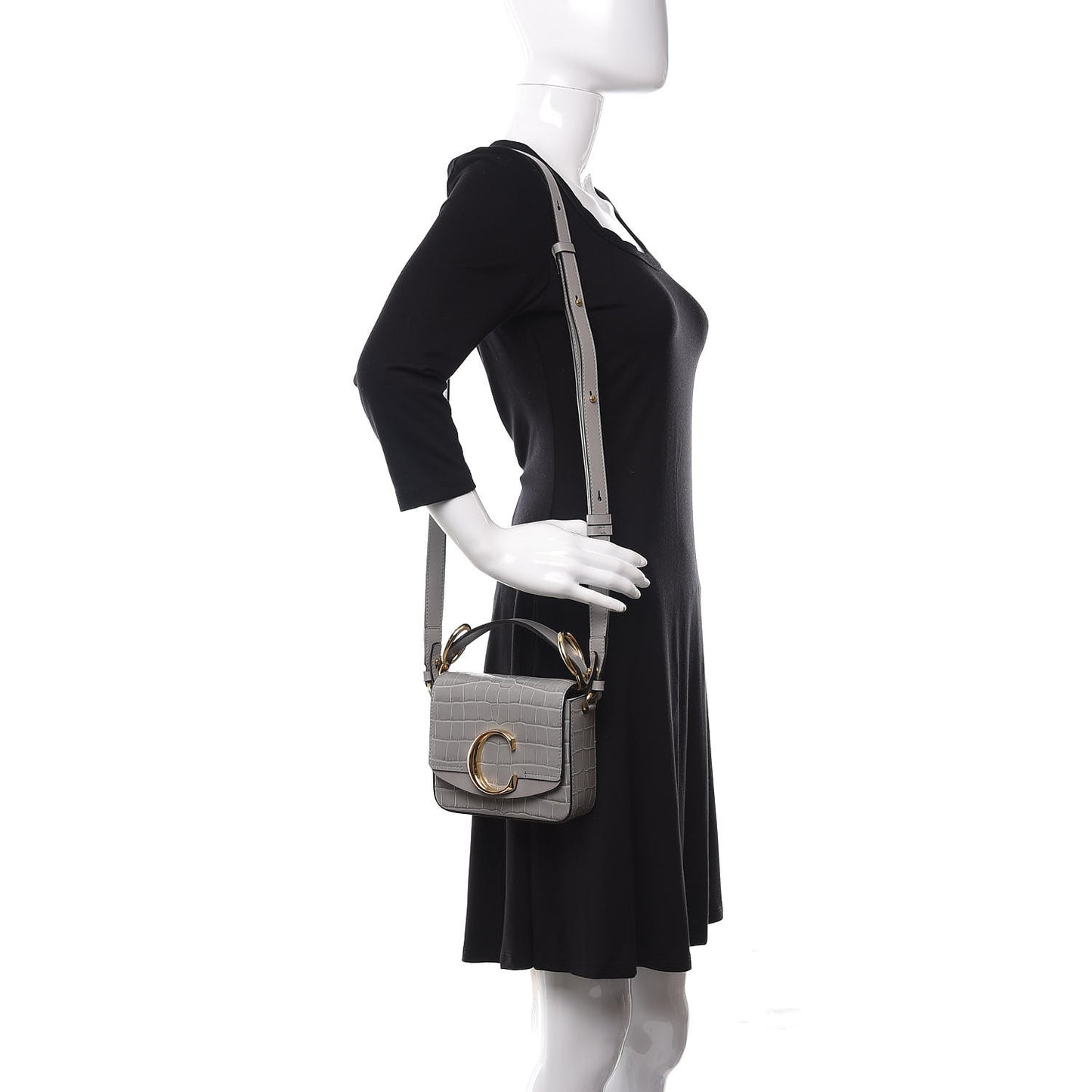 Calfskin Crocodile Embossed Mini C Bag Stormy Grey