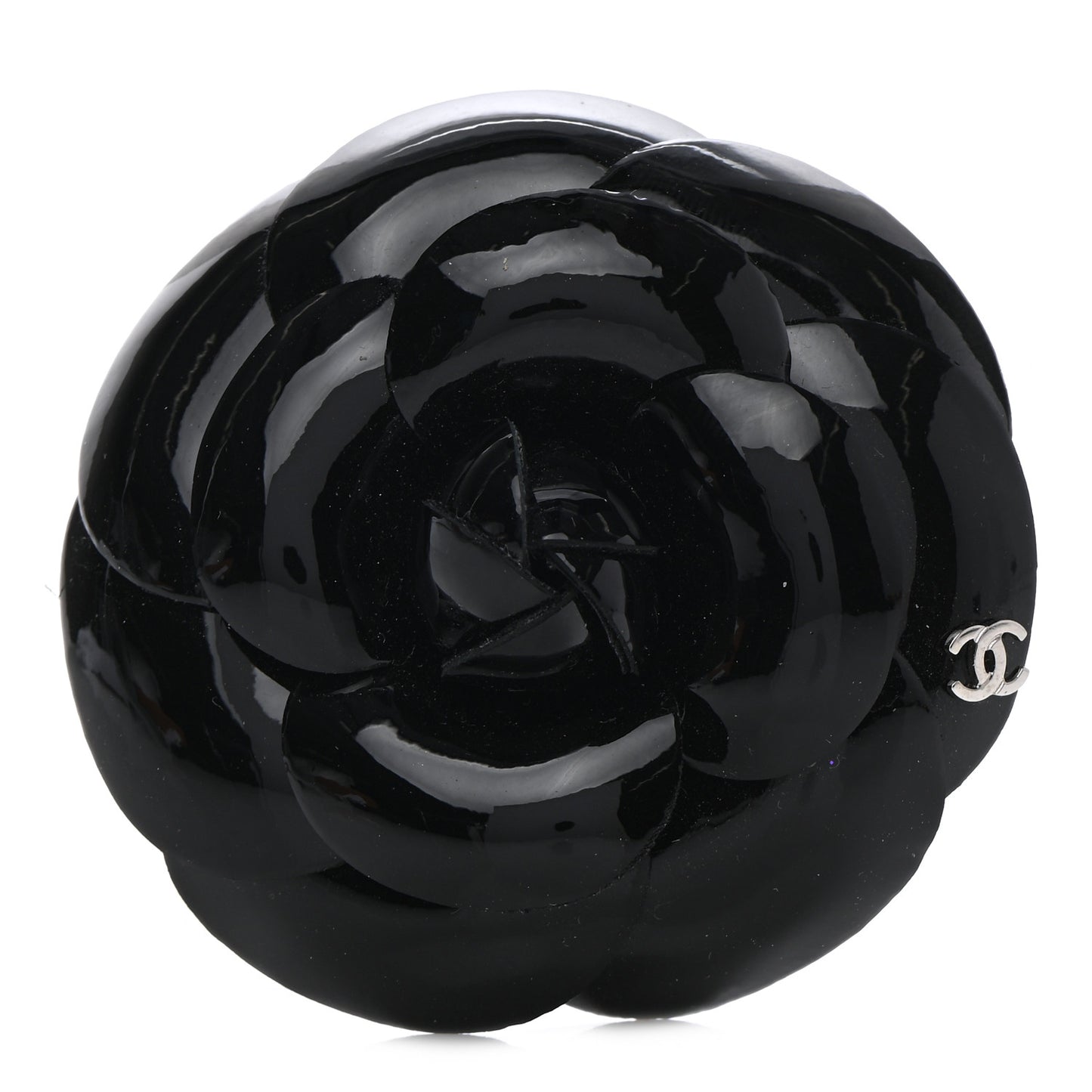 Patent Leather Camellia Pin Brooch Black