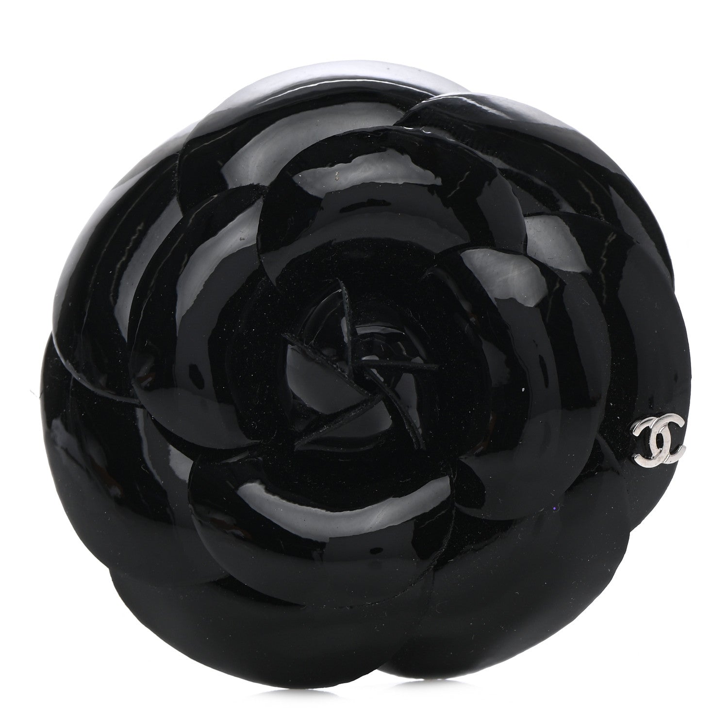 Chanel Patent Leather Camellia Pin Brooch Black 1 of 4