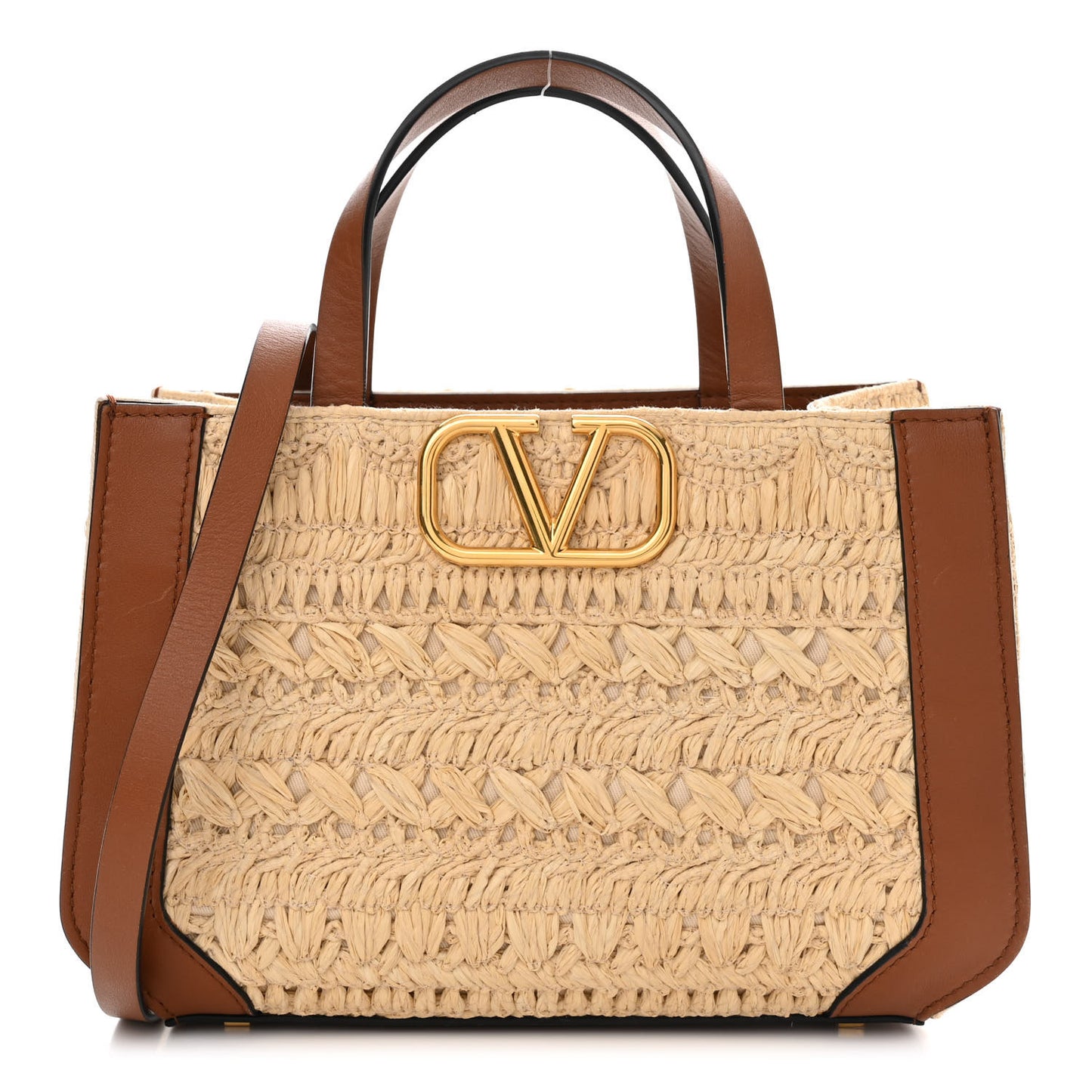 Raffia Calfskin Small Vlogo Signature Tote Natural Saddle Brown