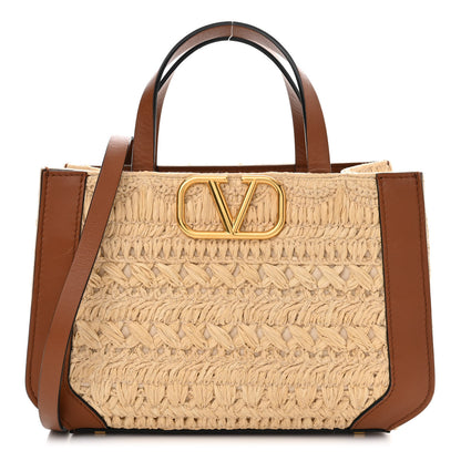Valentino Garavani Raffia Calfskin Small Vlogo Signature Tote Natural Saddle Brown 1 of 13