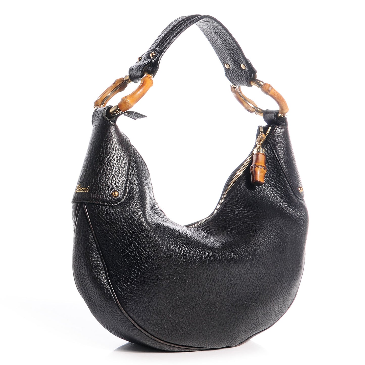 Leather Half Moon Bamboo Ring Hobo Black
