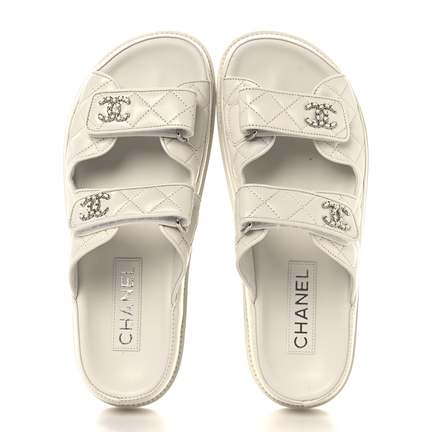 Chanel Lambskin Quilted Velcro Dad Chain CC Slide Sandals 38 White 2 of 9