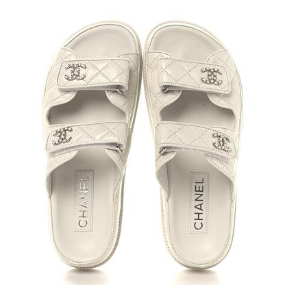 Chanel Lambskin Quilted Velcro Dad Chain CC Slide Sandals 38 White 2 of 9