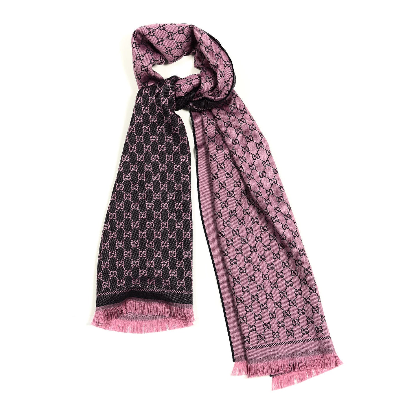 Wool GG Monogram Reversible New Sten Fringe Scarf Midnight Blue Pink