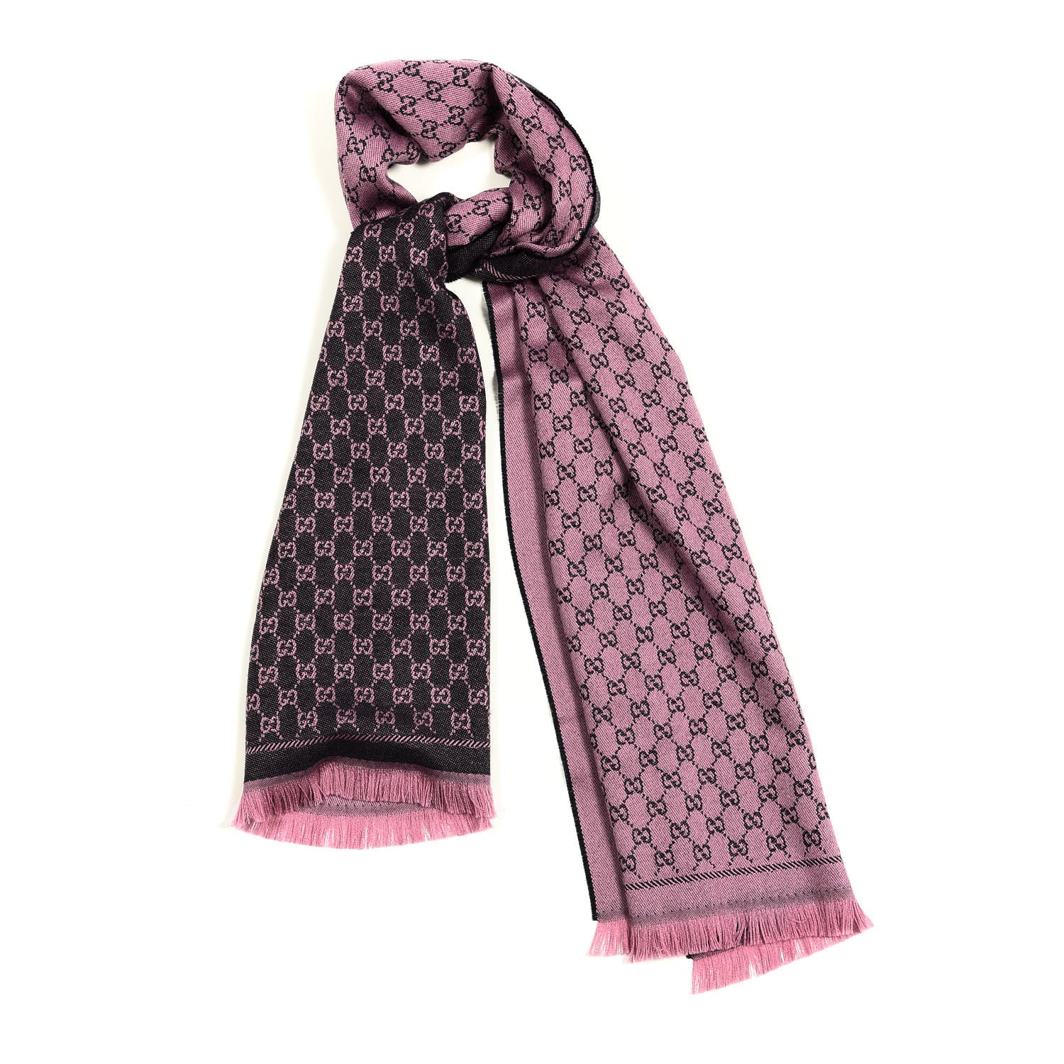 Gucci Wool GG Monogram Reversible New Sten Fringe Scarf Midnight Blue Pink 1 of 3