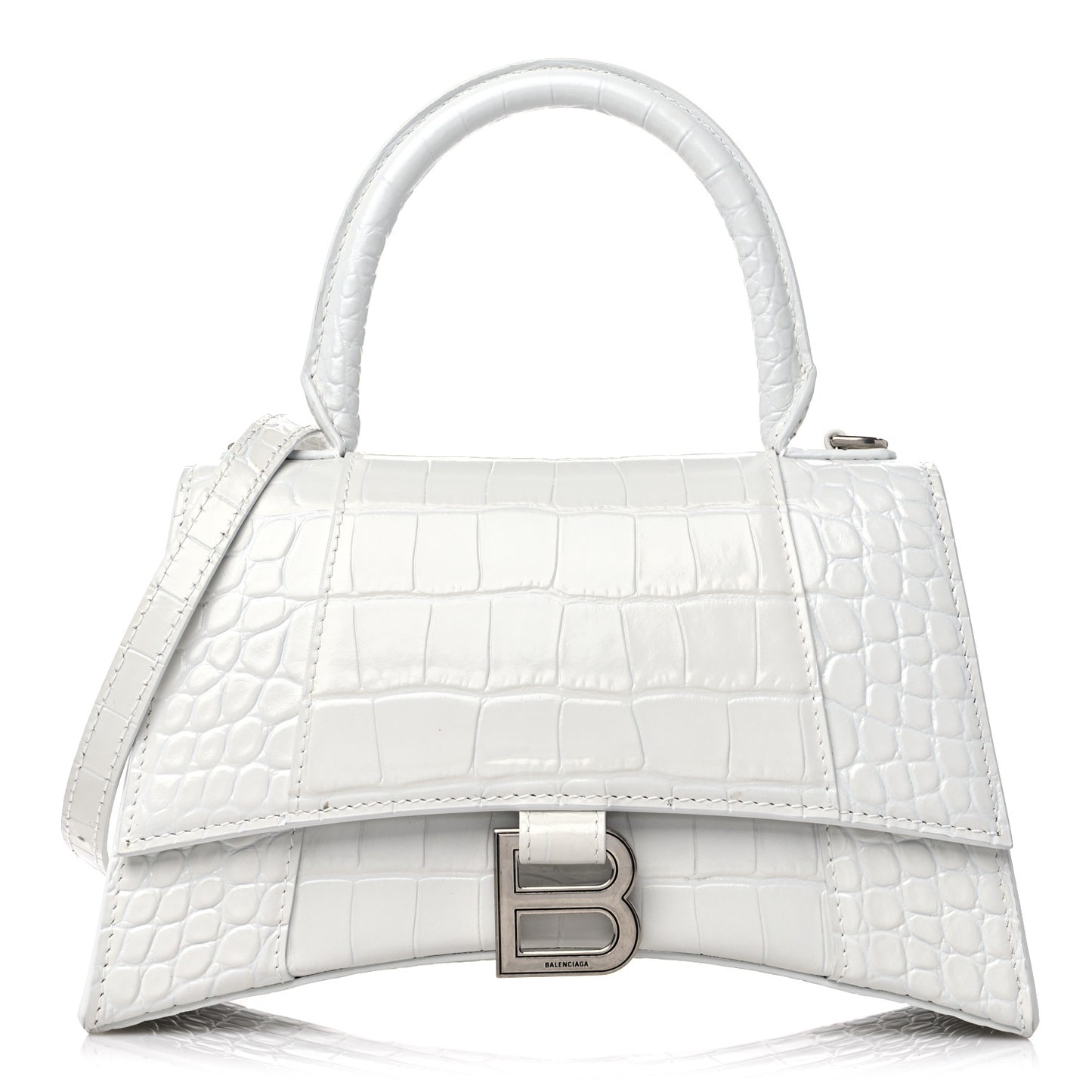 Calfskin Crocodile Embossed Small Hourglass Top Handle Bag White