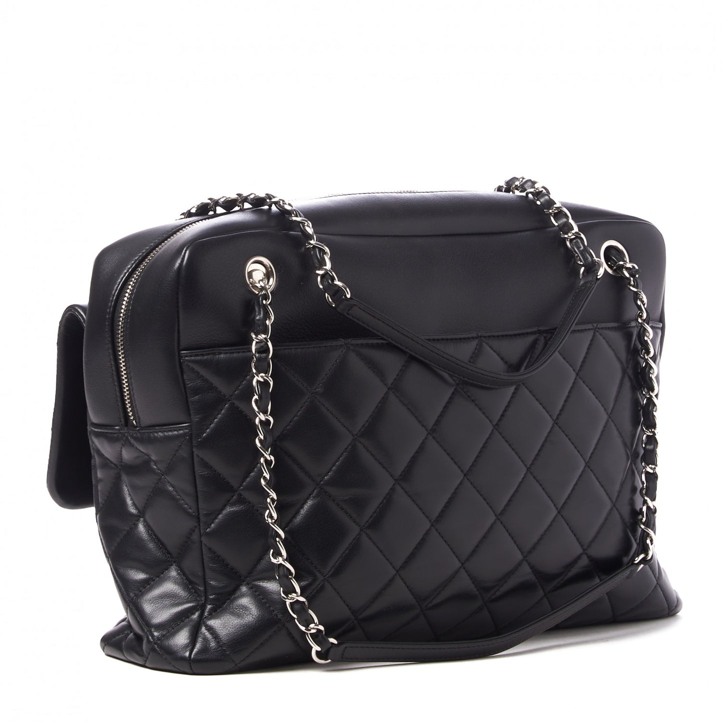 Lambskin Quilted Bowler Flap Shoulder Bag Black