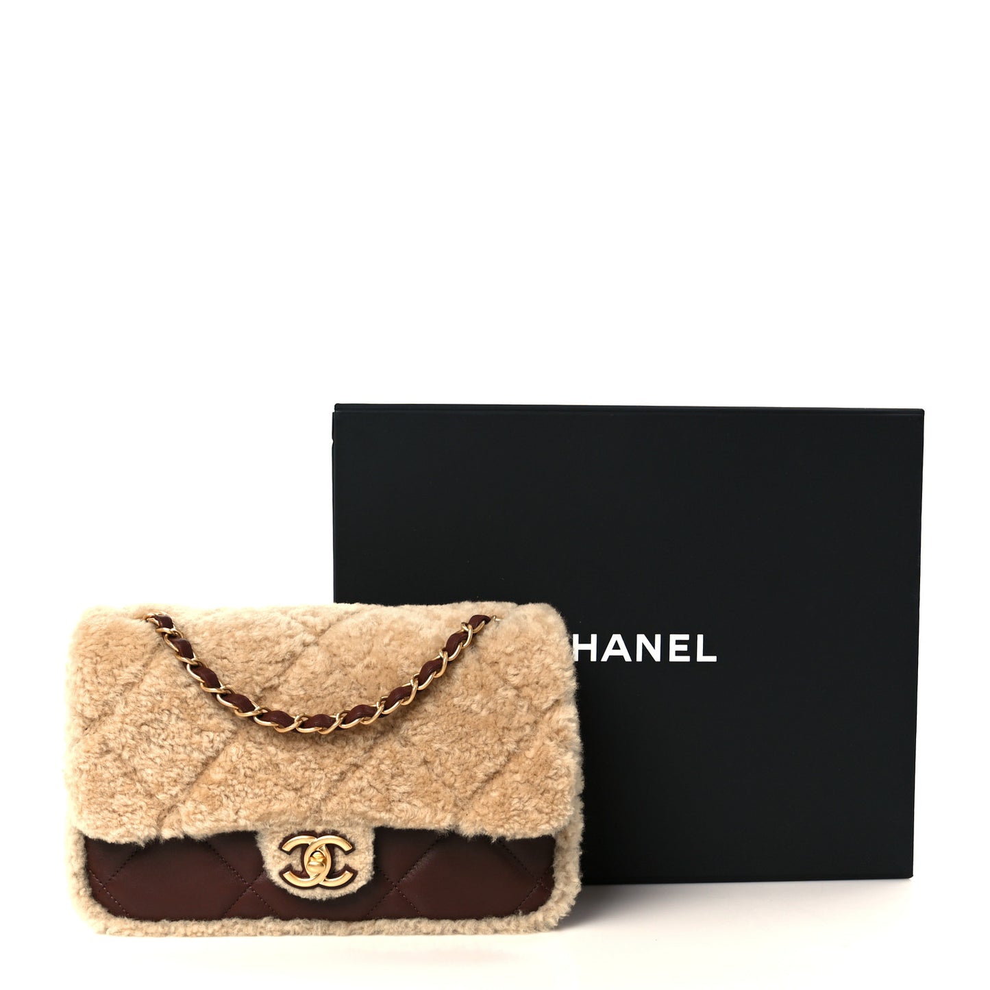 Shearling Lambskin Quilted Furry Coco Flap Dark Brown Beige