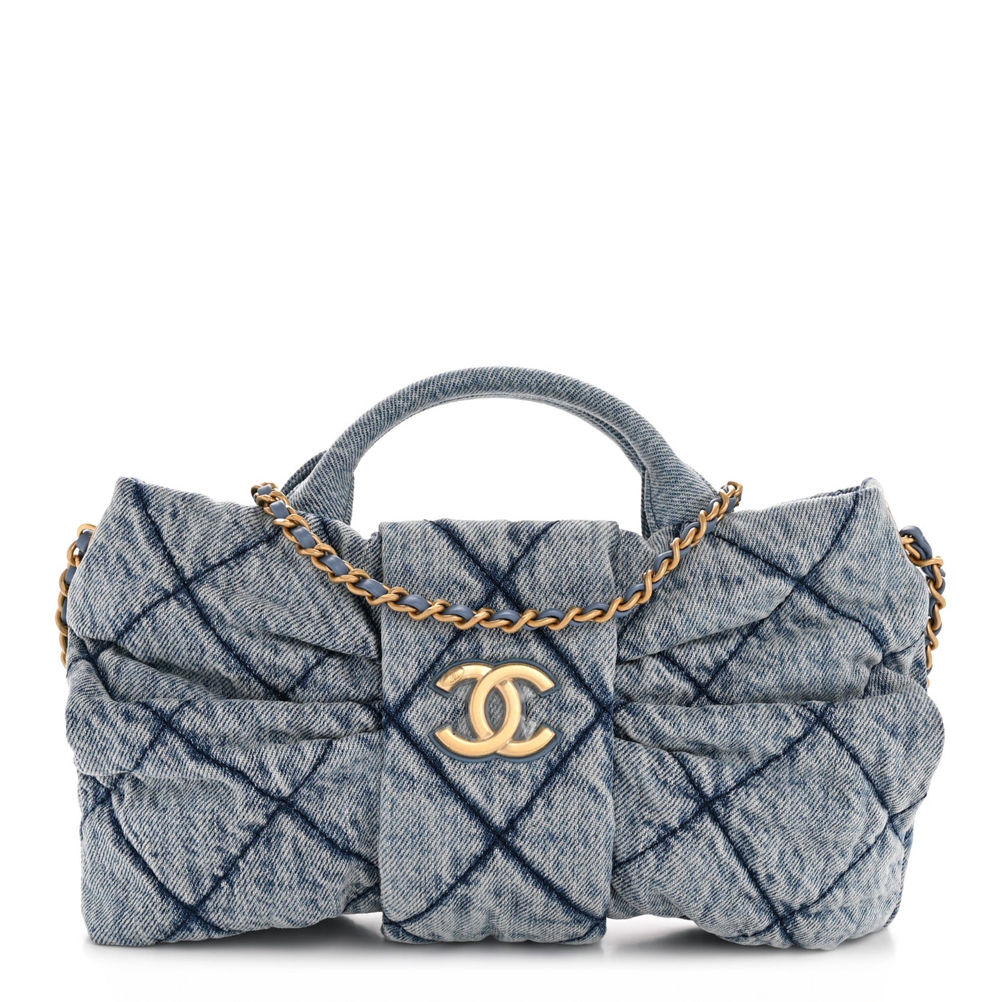Washed Denim Quilted Mini Bow Bag Blue