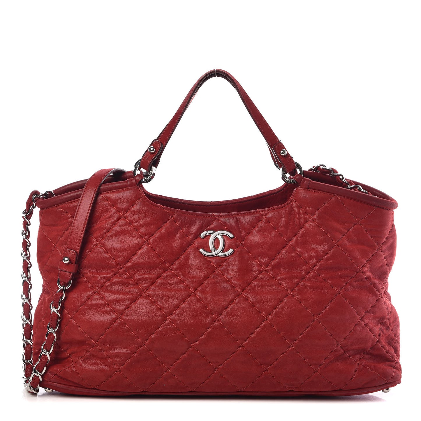 Iridescent Calfskin Quilted Small Sea Hit Tote Red