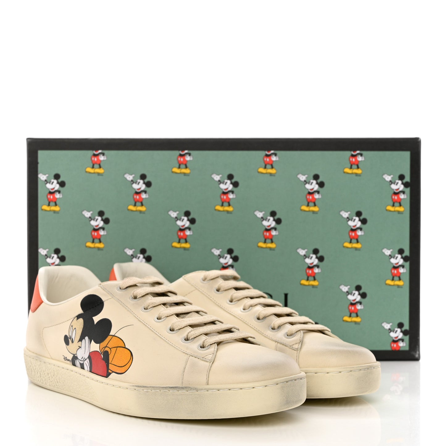 X DISNEY Miro Soft Calfskin Mickey Mouse Print Mens Ace Sneakers 8.5 Ivory Deep Orange