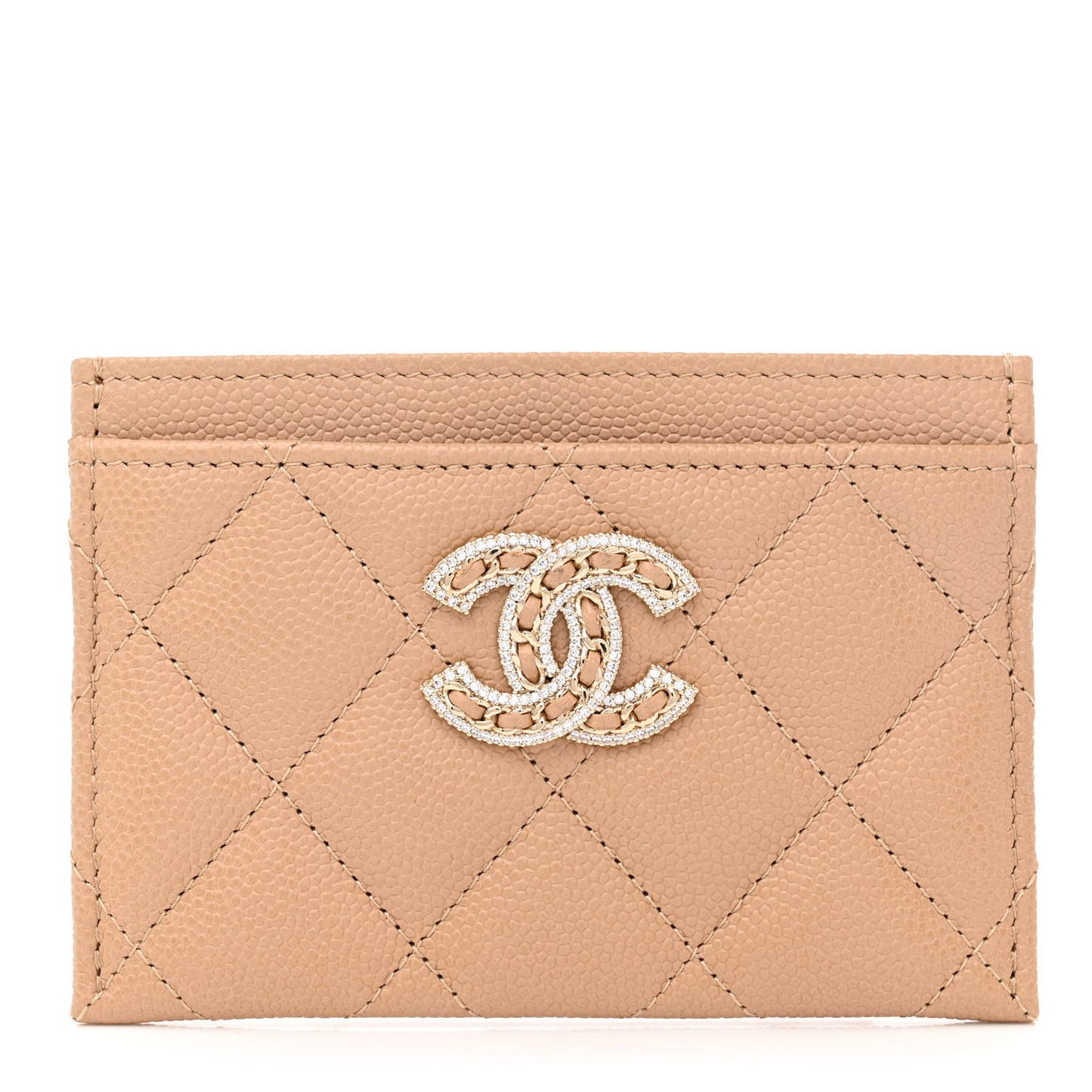 Caviar Quilted Crystal Card Holder Beige